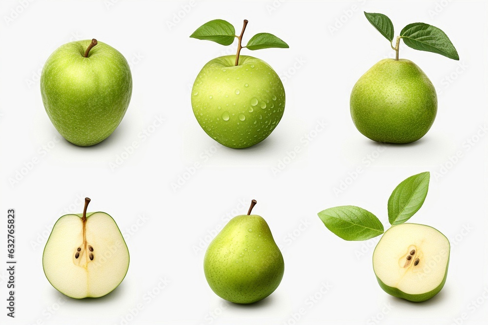 Set of green apples and pears isolated on white background. Set of green apples and pears isolated on white background.