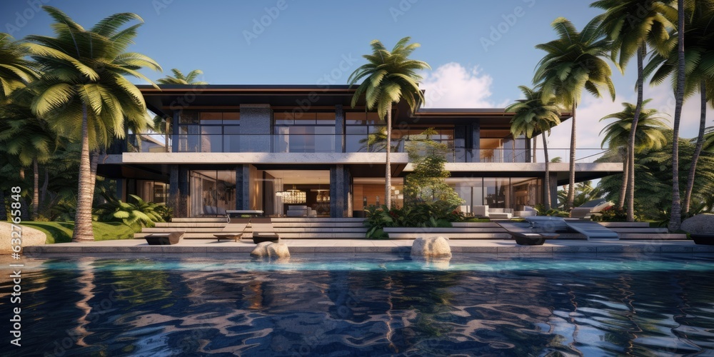 house is surrounded by palm trees and tropical plants and a pool Generative AI