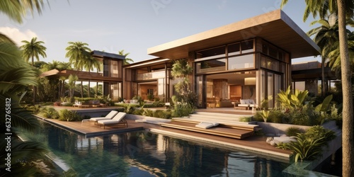 modern luxury home next to a small tropical pool Generative AI © SKIMP Art