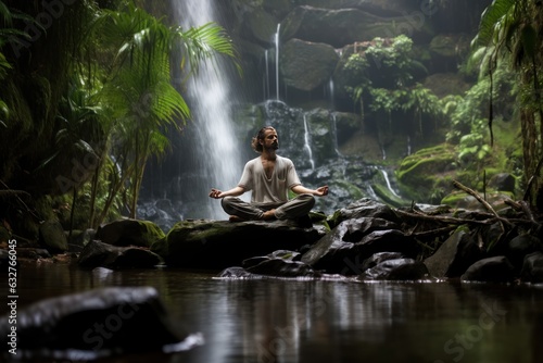 Caucasian Man practicing yoga in front of waterfall  background with a copy space. Sadhu Meditation on a Mountain.  Meditation. Yoga. Yoga Teacher. Guru. Hinduism. Buddhism. 