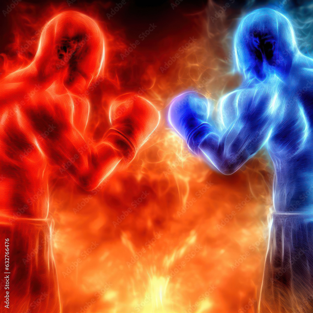 Shadows formed by red and blue sparks form boxers fighting in the ring.generative AI