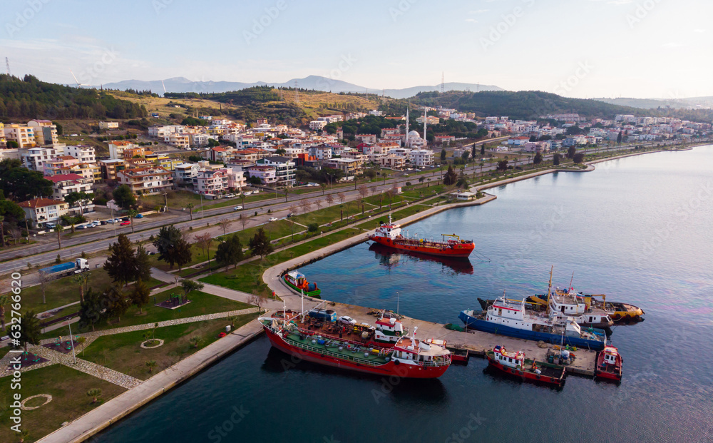 View from drone of Aliaga city in Izmir Province in sunny day, Turkey