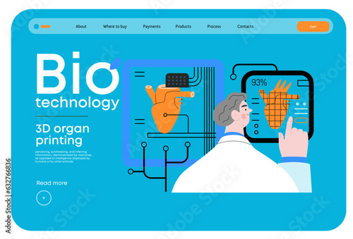 Bio Technology, 3D organ printing -modern flat vector concept illustration of 3D printer creating a human heart. Metaphor of technology in organ transplantation and the future of regenerative medicine