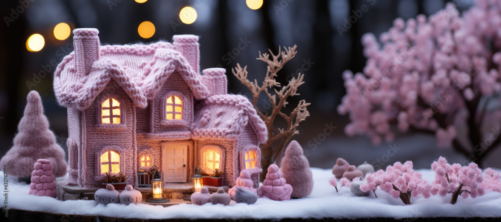 Panoramic Handmade knitted pink Christmas house Lantern  with beautiful pink tree