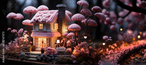 Handmade knitted  pink Christmas house decoration with mushrooms fairy forest 