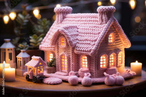Handmade pink Christmas country house decoration. 