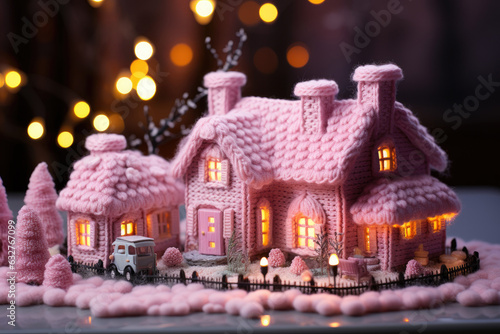 Handmade crocheted pink Christmas house decoration.  © AI Exclusive 