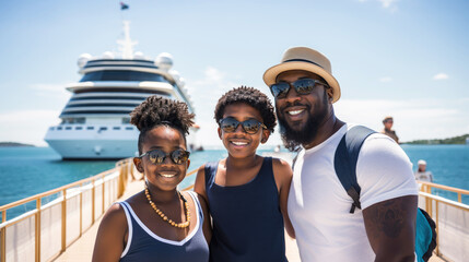 African american family in front of a cruise ship, happy, tourism and vacation concept, sea and cruise ship background, wearing sunglasses