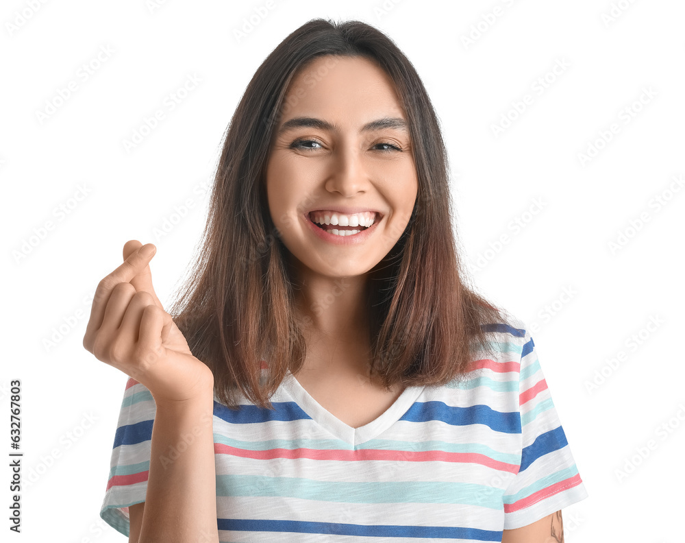 Happy young woman snapping fingers on white background, closeup Happy young woman snapping fingers on white background, closeup