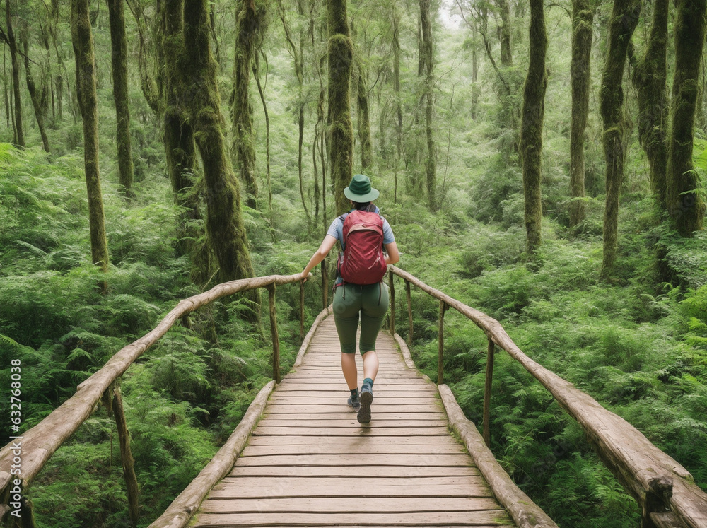 person walking on a wooden bridge in the middle of the jungle