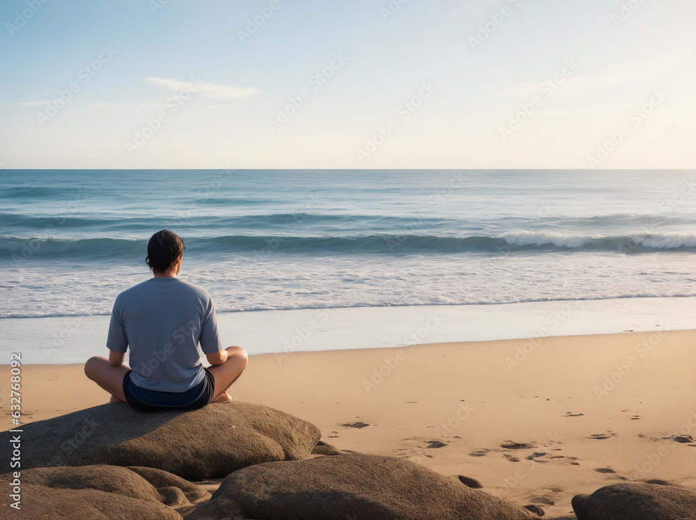 man sitting in front of the beach meditating and thinking