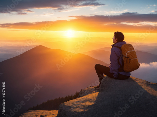 mountaineer on top of a mountain watching the sunset