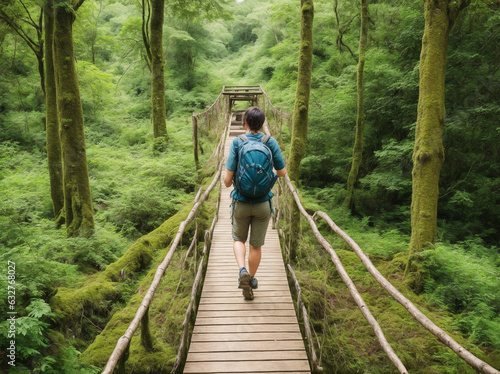 person walking on a wooden bridge in the middle of the jungle