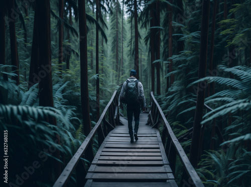 person walking on a wooden bridge in the middle of the jungle © sebastianav1994