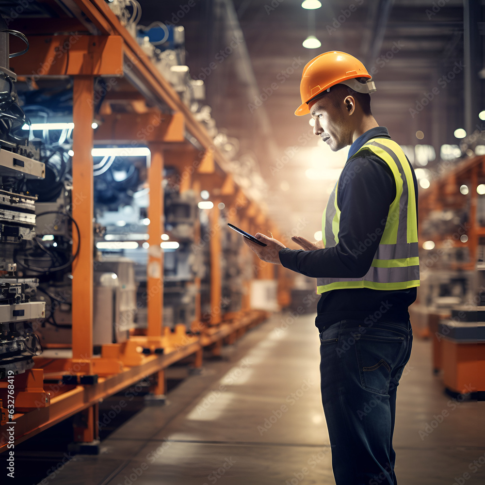 An engineer man turned sideways, with a yellow helmet on his head and a green apron, looks at the tablet and supervises the production process,automotive,workflow,optimization,monitoring An engineer man turned sideways, with a yellow helmet on his head and a green apron, looks at the tablet and supervises the production process,automotive,workflow,optimization,monitoring