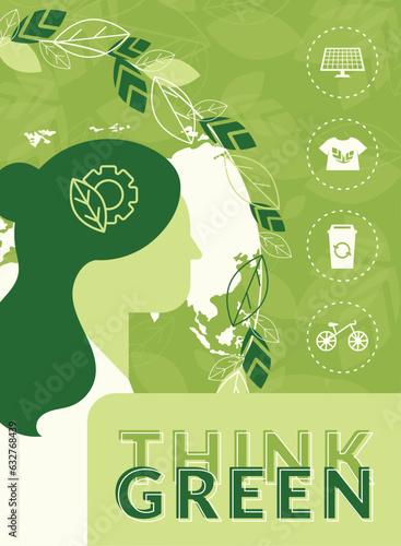 Green vertical ecological sustainability poster with flat icons Vector illustration