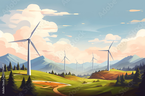 Wind turbines in the field, cartoon illustration style