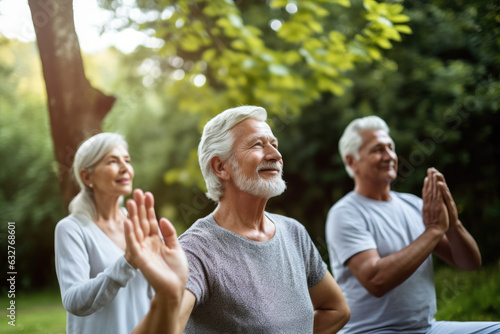 Seniors Embracing Active Aging and Wellness Through Yoga in a Serene Green Park