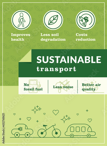 Green vertical ecological sustainability poster with flat icons Vector illustration