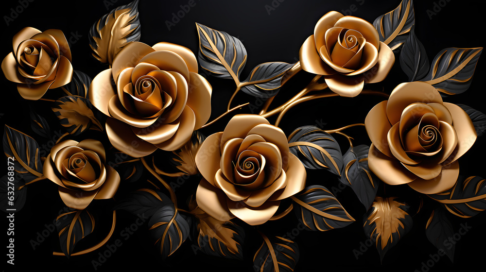 Golden roses on black background. Elegant golden roses flowers wall art ...