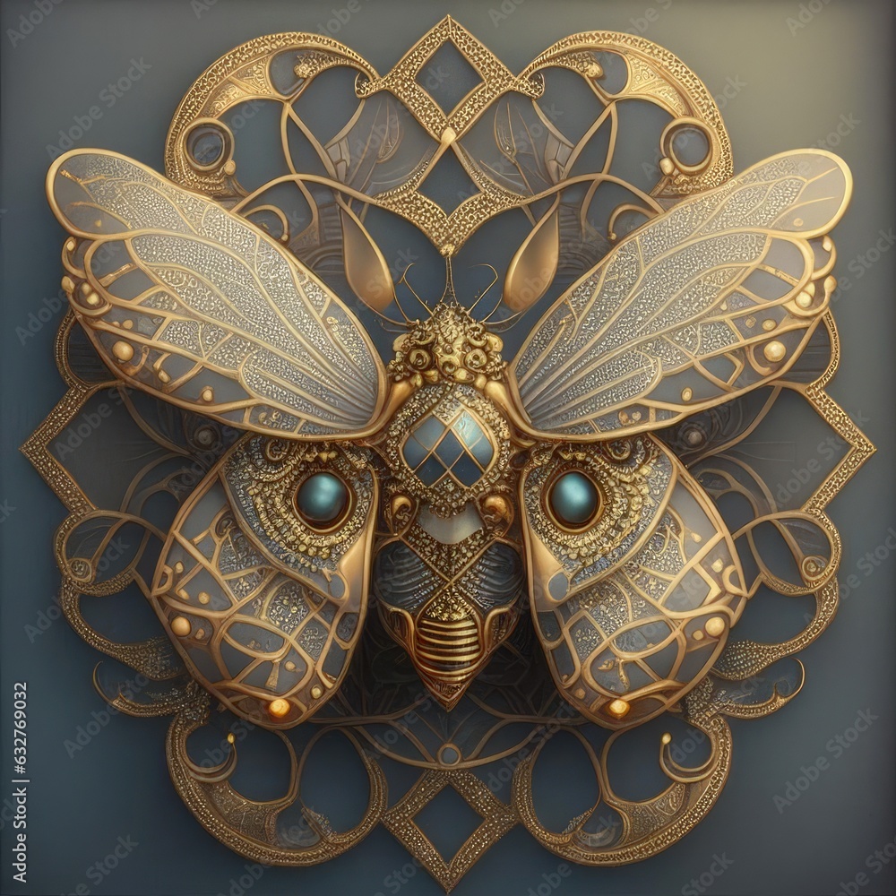 A piece of jewelry. A golden butterfly encrusted with diamonds. Print in the form of a decoration with an insect. A piece of jewelry. A golden butterfly encrusted with diamonds. Print in the form of a decoration with an insect.