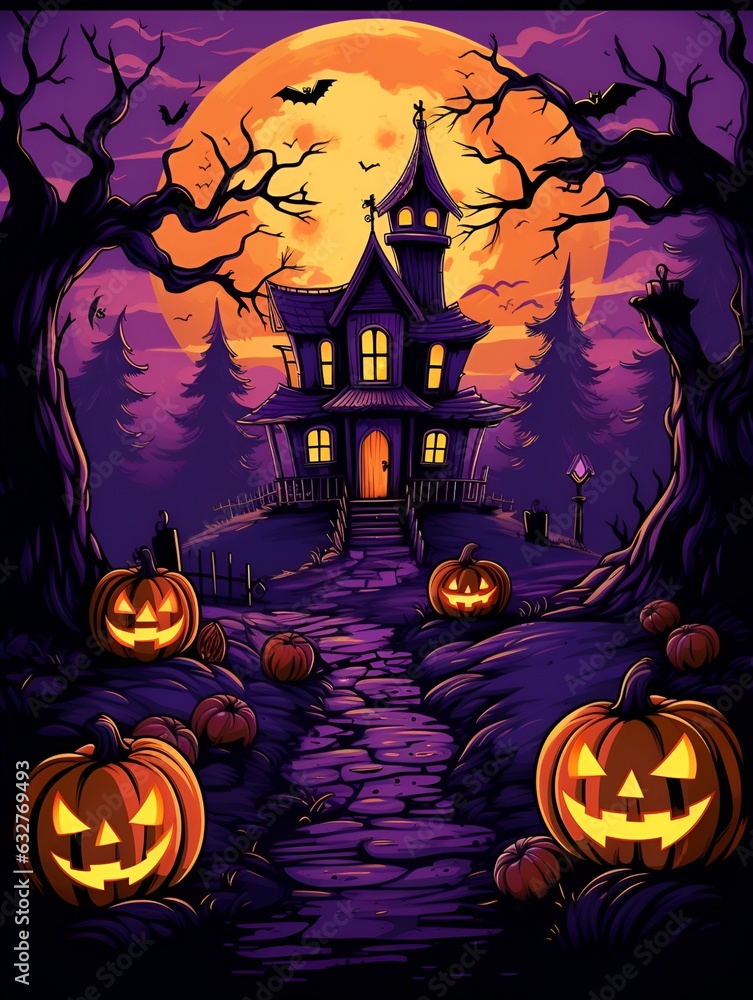 halloween poster featuring a mystical old house and a scary jack o'lantern pumpkin at night. there is a full moon in the background. with a predominance of purple. Generative AI halloween poster featuring a mystical old house and a scary jack o'lantern pumpkin at night. there is a full moon in the background. with a predominance of purple. Generative AI
