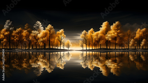 Golden trees reflected in lake on black sky background. Modern canvas art with golden yellow forest 
