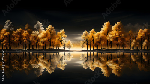 Golden trees reflected in lake on black sky background. Modern canvas art with golden yellow forest 

