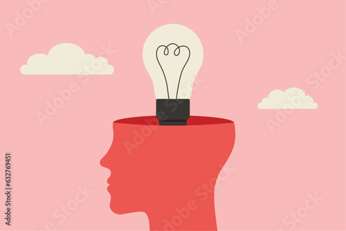 Thinking of ideas illustration. Thoughts and ideas of the mind, creative mindset psychology concept. Flat vector graphic of head and light bulb.