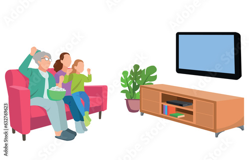 Happy family watching television together in living room. Family illustration in cartoon style