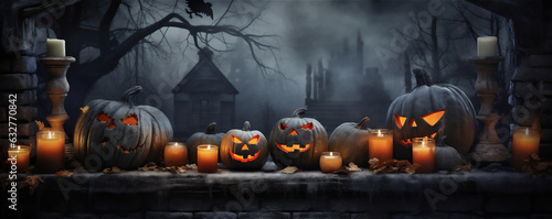 Halloween woods, trees, bats and pumpkins under full moon at night banner © Elena