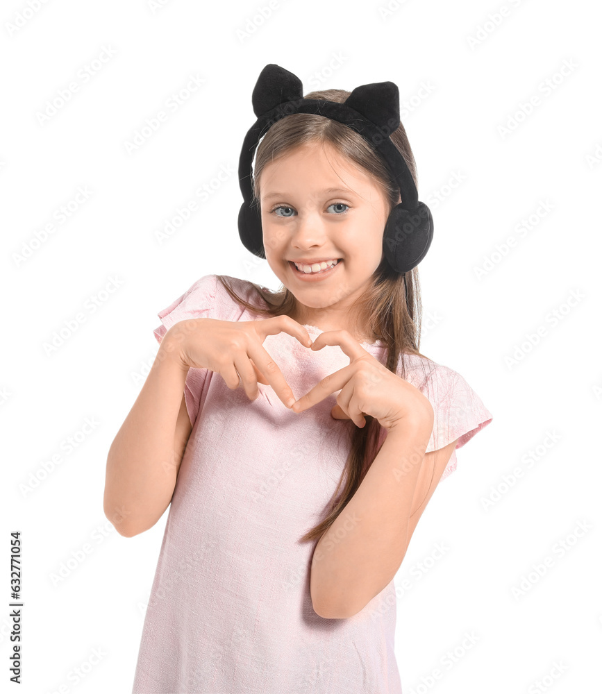 Little girl in cute headphones making heart gesture on white background Little girl in cute headphones making heart gesture on white background