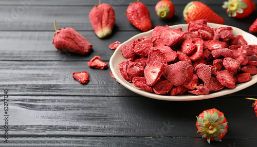 Freeze dried and fresh strawberries on black wooden table. Space for text photo