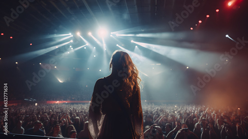 a beautiful female pop star singer giving music concert performance in a huge crowded stadium