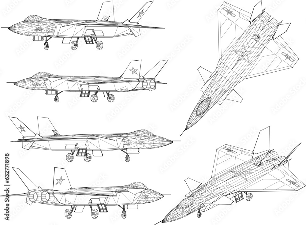 Sketch vector illustration of fully armed fighter plane design flying in the air