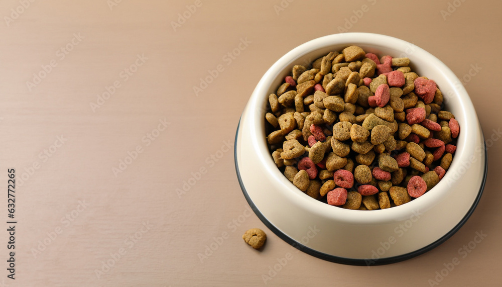 Dry dog food in feeding bowl on beige table. Space for text Dry dog food in feeding bowl on beige table. Space for text