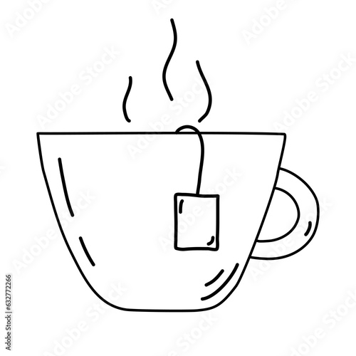 Cup with hot tea, tea bag label, steam over cup, doodle style flat vector outline for coloring book
