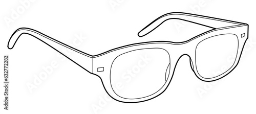 Horn-rimmed, Wayfarer frame glasses fashion accessory illustration. Sunglass 3-4 view for Men, women, unisex style, flat rim spectacles eyeglasses with lens sketch outline isolated on white background photo