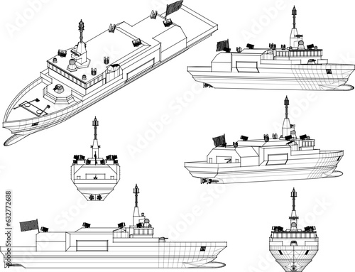 Sketch vector illustration of warship design with cannon weapon