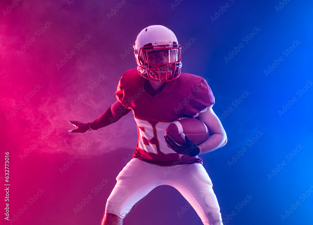 American football player banner with neon lights. Template for a sports magazine on the theme of American football with copy space. Mockup for betting ads.
