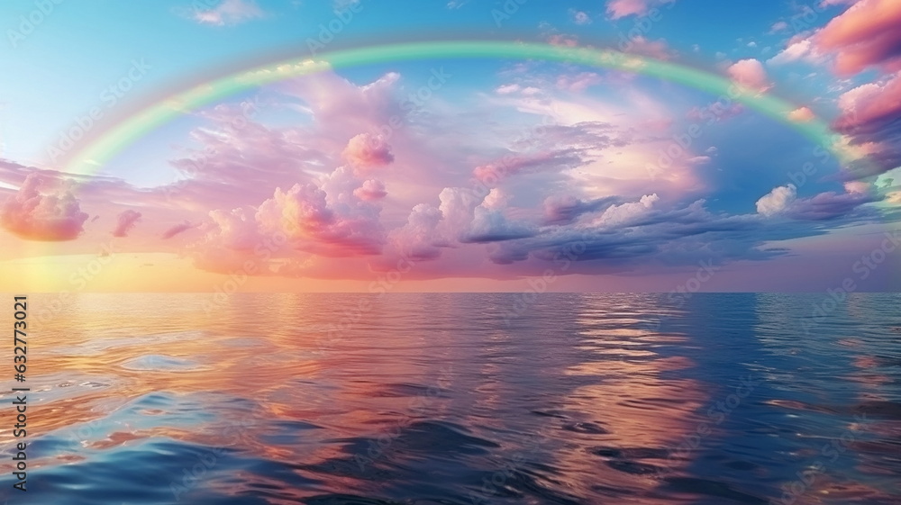 beautiful rainbow on sea at sunset sky wild field and flowers field nature landscape beautiful rainbow on sea at sunset sky wild field and flowers field nature landscape
