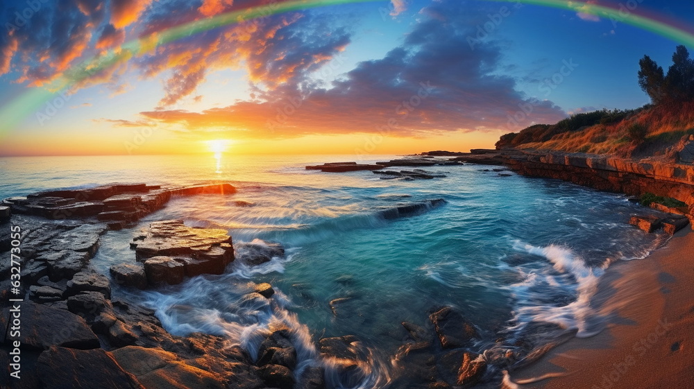 beautiful rainbow on sea at sunset sky wild field and flowers field nature landscape beautiful rainbow on sea at sunset sky wild field and flowers field nature landscape