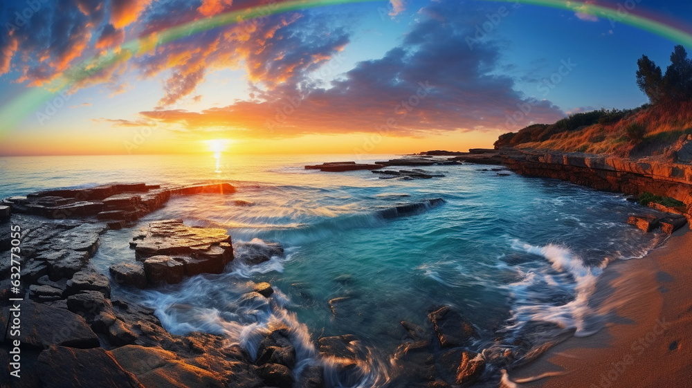 beautiful rainbow on sea at  sunset sky  wild field and flowers  field nature landscape 