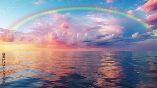 beautiful rainbow on sea at  sunset sky  wild field and flowers  field nature landscape 