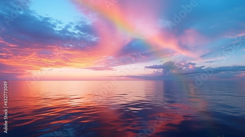 beautiful rainbow on sea at  sunset sky  wild field and flowers  field nature landscape  © Aleksandr