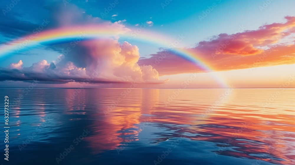 beautiful rainbow on sea at  sunset sky  wild field and flowers  field nature landscape 