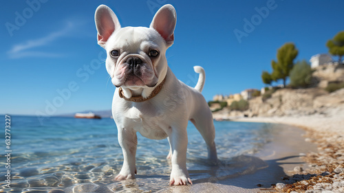 A white French Bulldog stands proudly on the sunny beach
