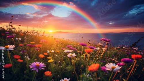 beautiful rainbow on sea at sunset sky wild field and flowers field nature landscape 