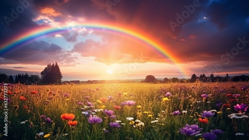 beautiful rainbow on sea at sunset sky wild field and flowers field nature landscape 