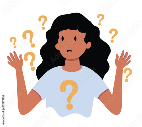 confused girl questioning flat style vector illustration,  Female surrounded by question mark symbols , Confused woman concept flat style vector image